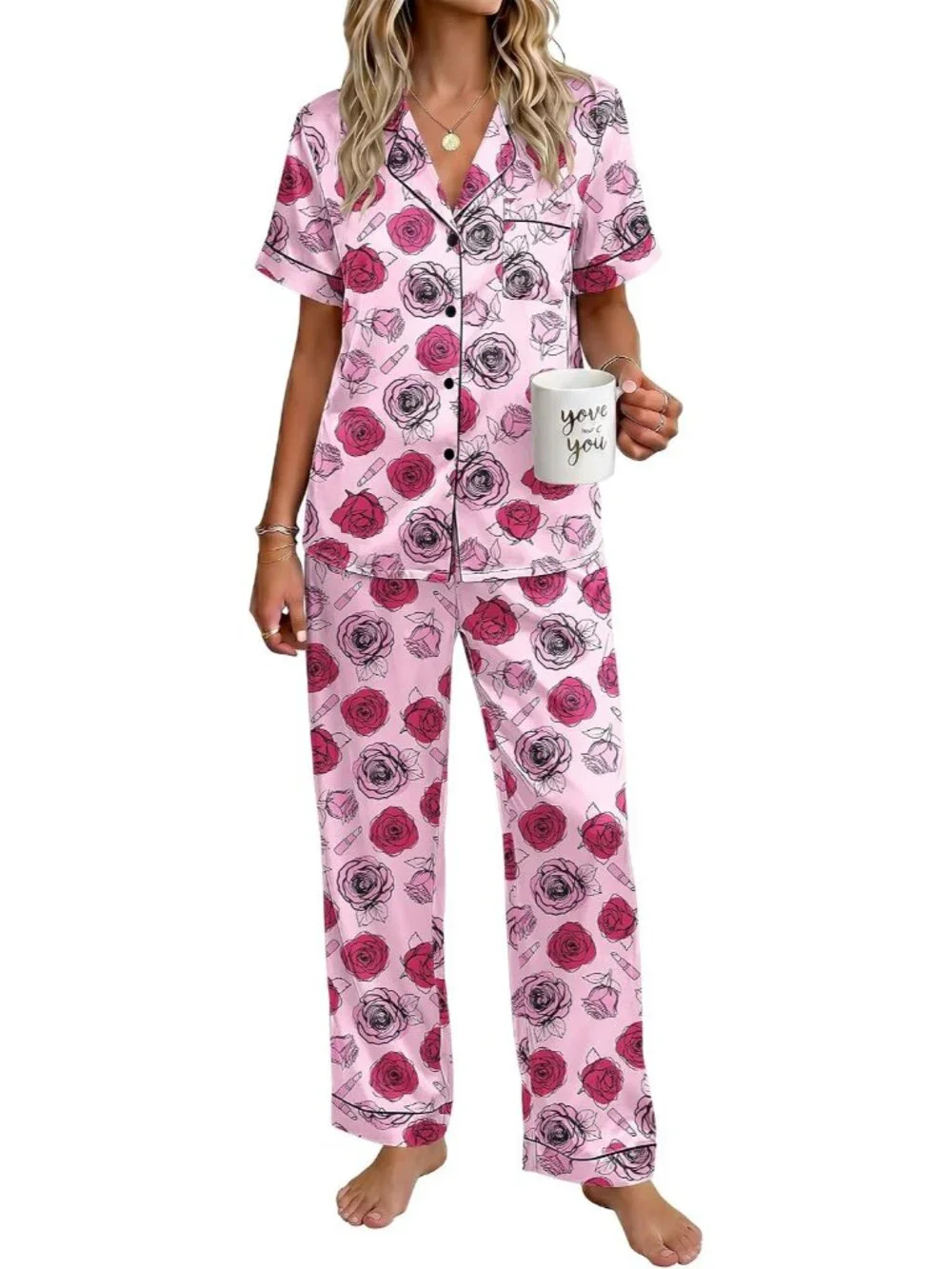 Women's Rose Lipstick Silky Short Sleeve Button Down Loungewear Pajama Set